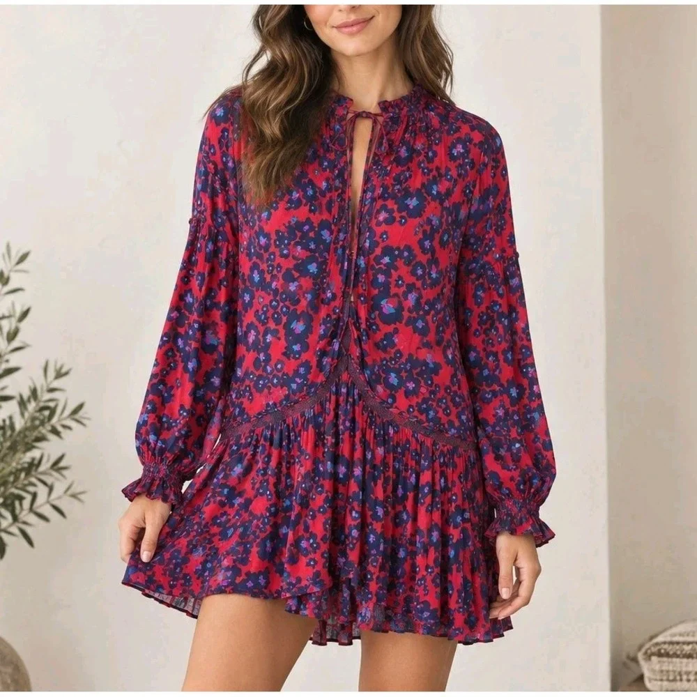 Free People Womens Small Love Letter Boho Floral Tunic Mini Dress Red Ruffle